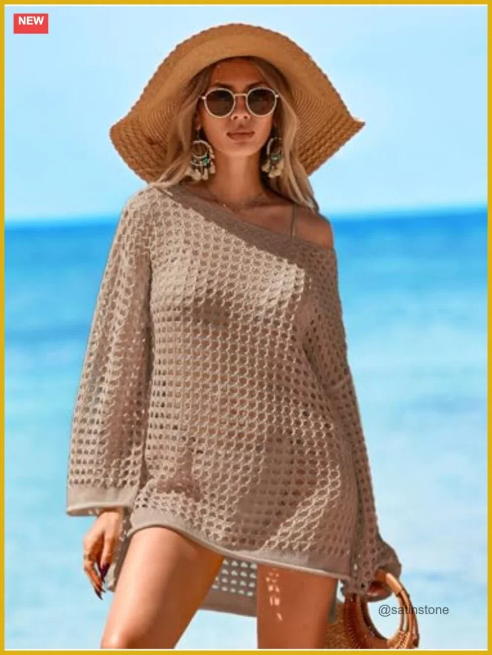 Oversized Crochet Mesh Swimsuit Cover Up Dress Long Bell Sleeve
